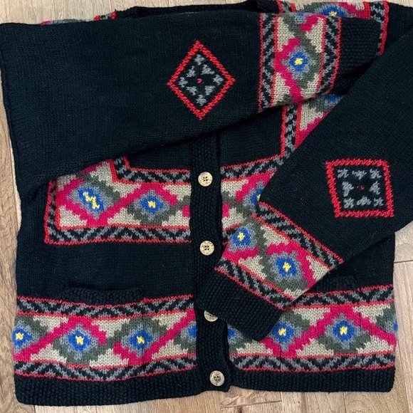 Vintage L.L. Bean 100% wool Scandinavian geometric fair isle cardigan sweater L - Picture 5 of 8